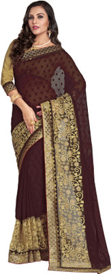 

Khoobee Self Design, Embroidered Fashion Chiffon, Jacquard Saree(Brown)