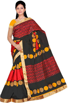 

Mathura Printed Paithani Polycotton Saree(Multicolor), Black;red