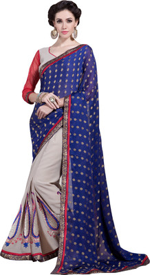 

Lovely Look Embroidered Daily Wear Georgette Saree(Blue, Beige), Blue & light beige