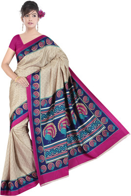 Khoobee Self Design, Printed Fashion Art Silk Saree(Beige, Multicolor)