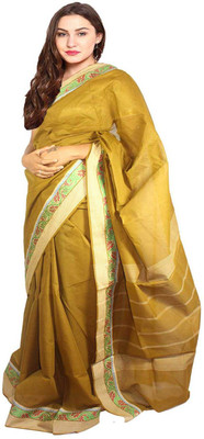 Javuli Woven Madurai Handloom Cotton Saree(Gold), Green