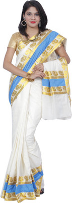 

Fashionkiosks Solid Fashion Handloom Cotton Saree(White), White gold
