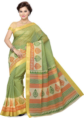 Saree Swarg Printed Gadwal Cotton Saree(Multicolor), Beige