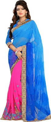 

Saara Embroidered Fashion Cotton Saree(Blue, Pink), Blue and pink