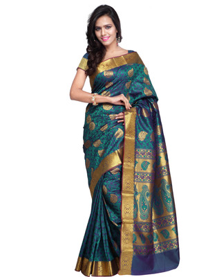 

Varkala Silk Sarees Woven Kanjivaram Silk Saree(Dark Green), Rama