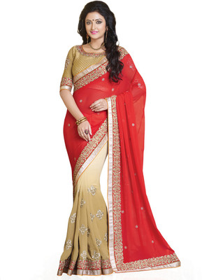 

Saara Self Design Fashion Pure Georgette Saree(Gold, Red)