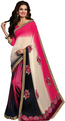 

Desi Butik Embroidered Fashion Georgette Saree(White, Black, Pink), Cream and black and pink