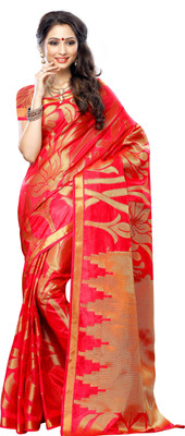 

Mimosa Woven Kanjivaram Tussar Silk Saree(Pink), Straberry