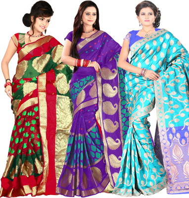 

It's Banii Woven Banarasi Handloom Banarasi Silk Saree(Pack of 3, Green, Purple, Blue), Blue;green;purple