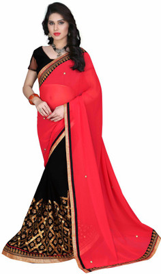

Party Wear Dresses Embroidered Fashion Chiffon Saree(Red, Black), Black;red