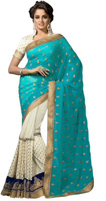 

Khoobee Self Design, Embroidered Fashion Georgette, Chiffon Saree(Light Blue, White)