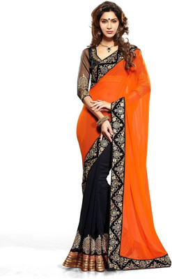 

Aksh Fashion Embroidered Bollywood Georgette Saree(Pack of 3, Black), Orange;black