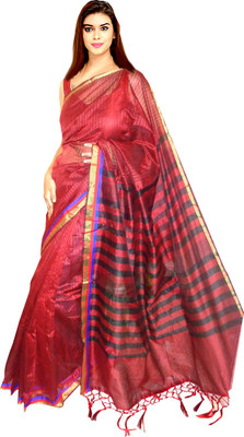 

Tyra Sarees Woven Tangail Silk Cotton Blend Saree(Maroon), Maroon-black stripes