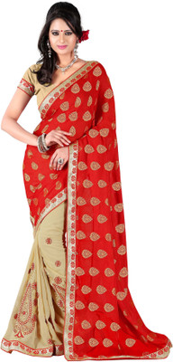 

Jiya Self Design, Embroidered Fashion Georgette Saree(Beige, Red), Chickoo;red