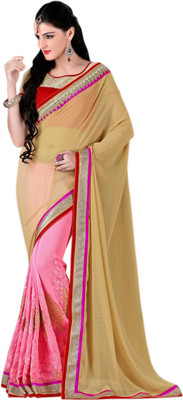 Khushali Self Design, Embroidered Fashion Georgette Saree(Beige, Pink, Red)