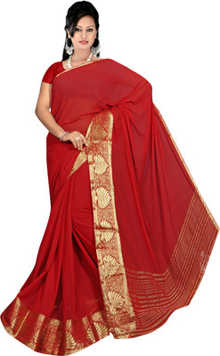 

Roopkala Silks Solid Bollywood Chiffon Saree(Red)