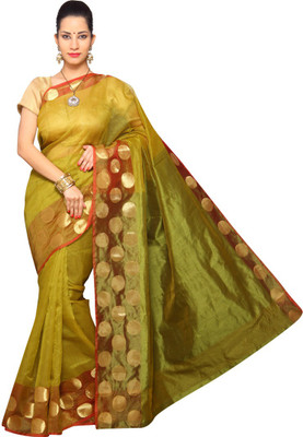 

Pavechas Polka Print Banarasi Silk Cotton Blend Saree(Light Green), Mehndi