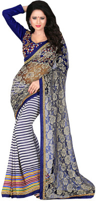 Manthan Printed Daily Wear Georgette Saree(Blue, White)