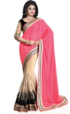 

Saara Self Design, Solid Fashion Chiffon Saree(Gold, Pink)