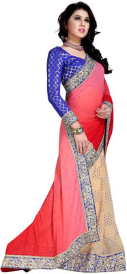 

Jiya Self Design, Embroidered Fashion Georgette Saree(Beige, Red)