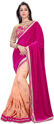 

Khoobee Self Design, Embroidered Fashion Georgette, Velvet Saree(Pink, Beige), Beige;pink