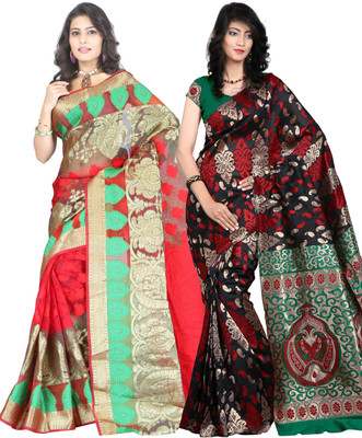

It's Banii Woven Banarasi Handloom Banarasi Silk Saree(Pack of 2, Red, Black), Black;red