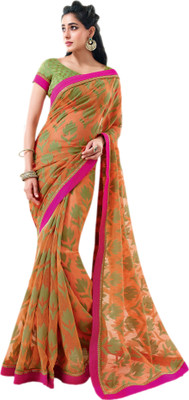 

Vishal Printed Fashion Cotton Saree(Orange, Green), Black;gold