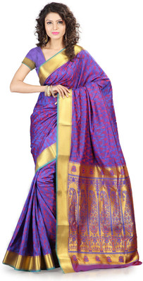 

Varkala Silk Sarees Woven Kanjivaram Jacquard Saree(Blue, Red), Royal blue