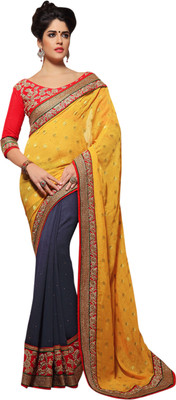 

Jiya Self Design, Embellished, Embroidered Fashion Georgette, Jacquard Saree(Blue, Yellow, Red), Blue;red;yellow