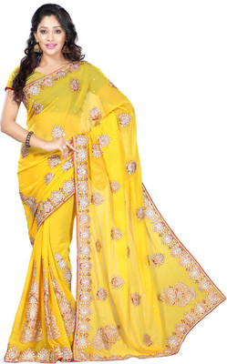 

Desi Butik Embroidered Fashion Art Silk Saree(Yellow, Gold), Gold;yellow