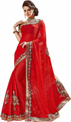 

Khushali Self Design, Embroidered, Embellished Fashion Georgette Saree(Red
