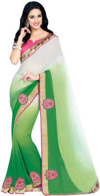 

Desi Butik Embroidered Fashion Georgette Saree(Green, White), Green and cream