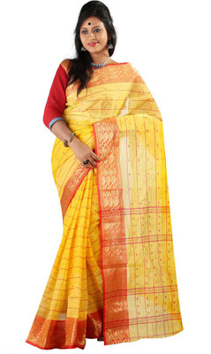 

Hawai Striped Tant Handloom Cotton Saree(Yellow)