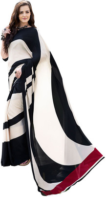 

Helixenterprise Printed Fashion Handloom Crepe Saree(Black), Black;white