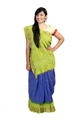 

KAJCI Solid Bandhani Silk Saree(Blue, Green), Blue1