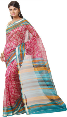 

JTInternational Printed Bhagalpuri Silk Saree(Pink, Blue), Blue;pink