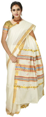 

Fashionkiosks Self Design, Embroidered Balarampuram Handloom Cotton Saree(Multicolor), Cream