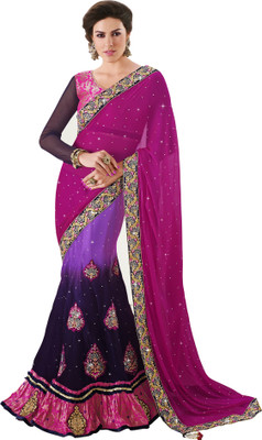 

Khoobee Self Design, Embroidered, Embellished Fashion Net, Satin, Chiffon Saree(Pink, Blue, Purple), Blue;pink;purple