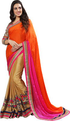 

Jiya Self Design, Embellished, Embroidered Fashion Chiffon, Jacquard Saree(Gold, Orange, Pink, Beige), Beige;gold;orange;pink