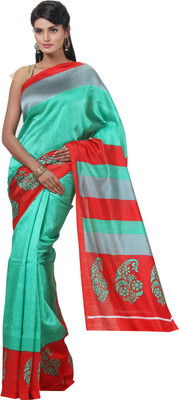 

JTInternational Printed Bhagalpuri Silk Saree(Green, Red)