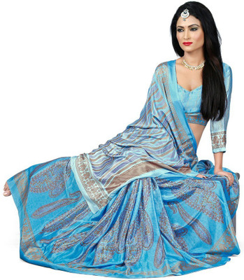 Desi Butik Printed Fashion Crepe Saree(Blue)