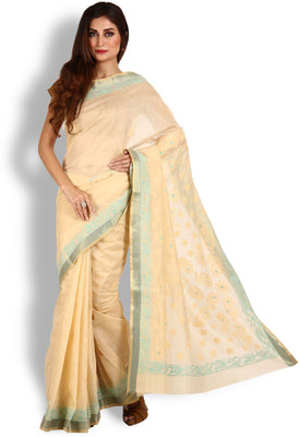 

Kasturi-B Swadeshi Karigari Embroidered Lucknow Chikankari Silk Cotton Blend Saree(Beige), Light beige