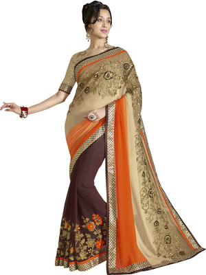 

Khushali Self Design, Embroidered Fashion Georgette Saree(Brown, Beige, Orange), Beige;brown;orange