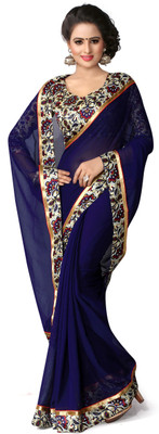 Indianbeauty Solid, Printed Bollywood Chiffon Saree(Dark Blue) Flipkart