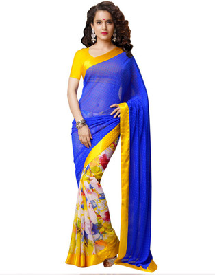

First Lady Printed Fashion Handloom Chiffon Saree(Yellow), Yellow-blue