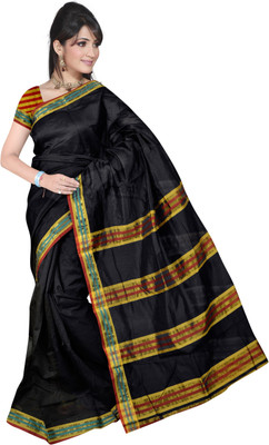 

Sweetlook Striped Mangalagiri Handloom Cotton Saree(Black, Red)
