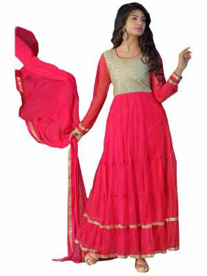 

V And V Shop Net Embroidered Semi-stitched Salwar Suit Dupatta Material, Pink