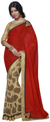 Desi Butik Embroidered Fashion Jacquard, Georgette Saree(Red, Beige), Beige;red