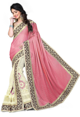 

Jiya Self Design, Embroidered, Embellished Fashion Georgette, Lycra Saree(Pink, Beige), Beige;pink