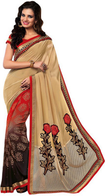 

Desi Butik Embroidered Fashion Georgette Saree(Beige, Red, Brown), Beige and red and brown